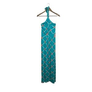 MACBETH COLLECTION Nautical Maxi Dress teal orange tie around neck XS